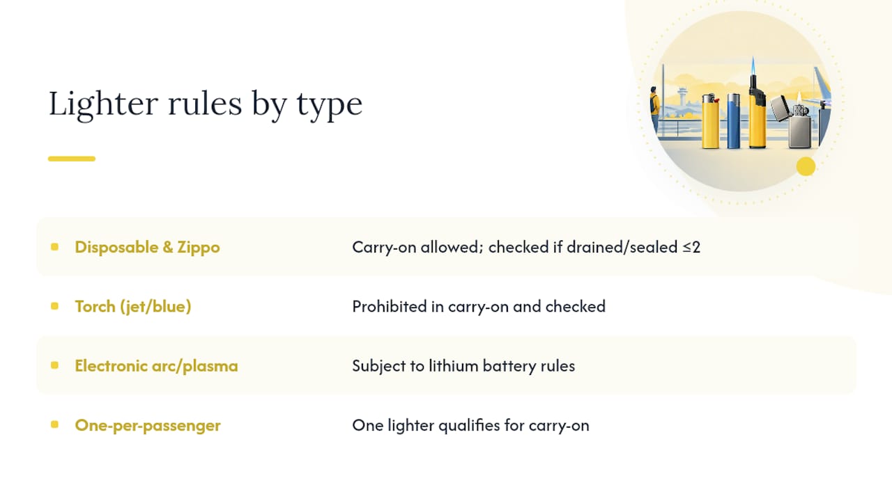 Comparison chart of lighter types and travel restrictions