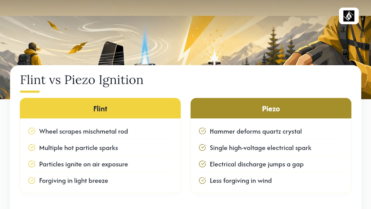 Diagram comparing flint and piezo ignition advantages and spark mechanics