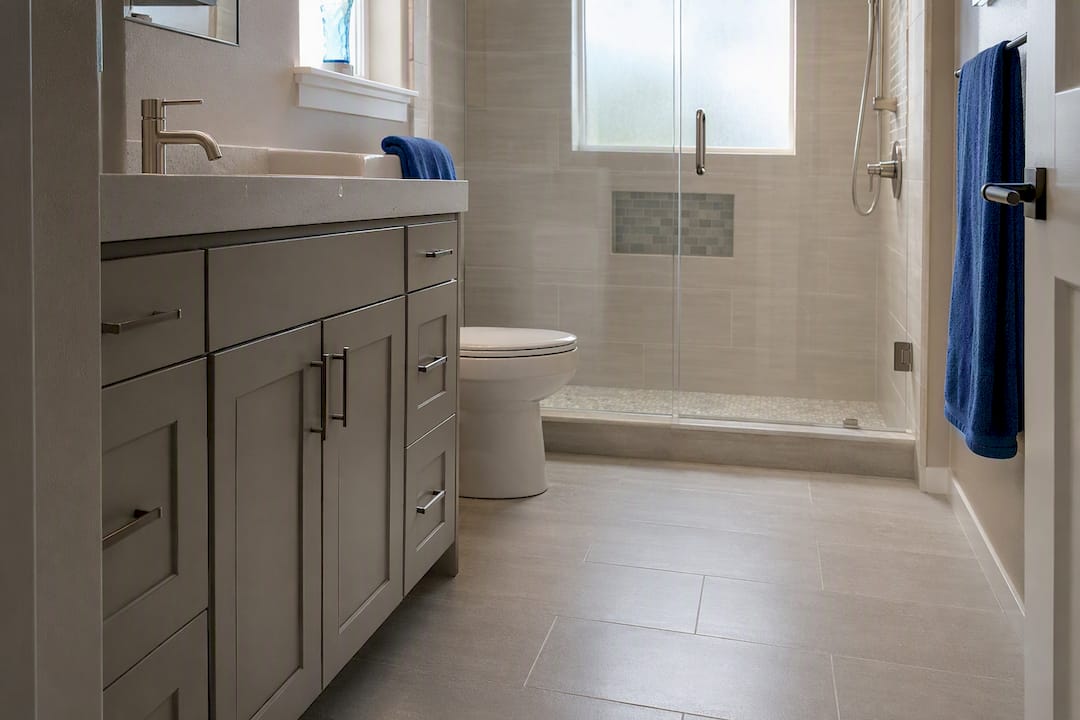 Modern bathroom with midrange finishes and natural light