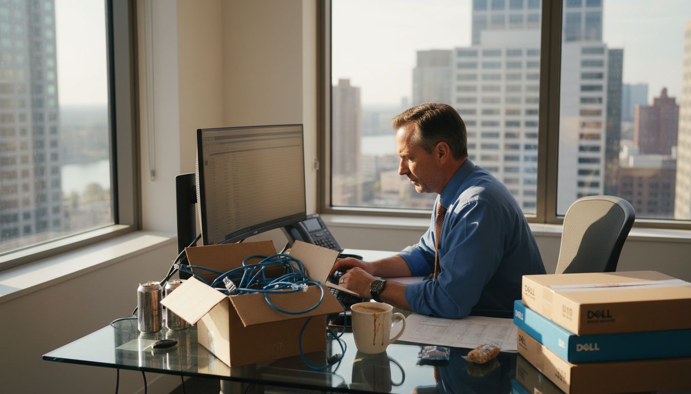 IT manager reviewing hardware inventory at desk