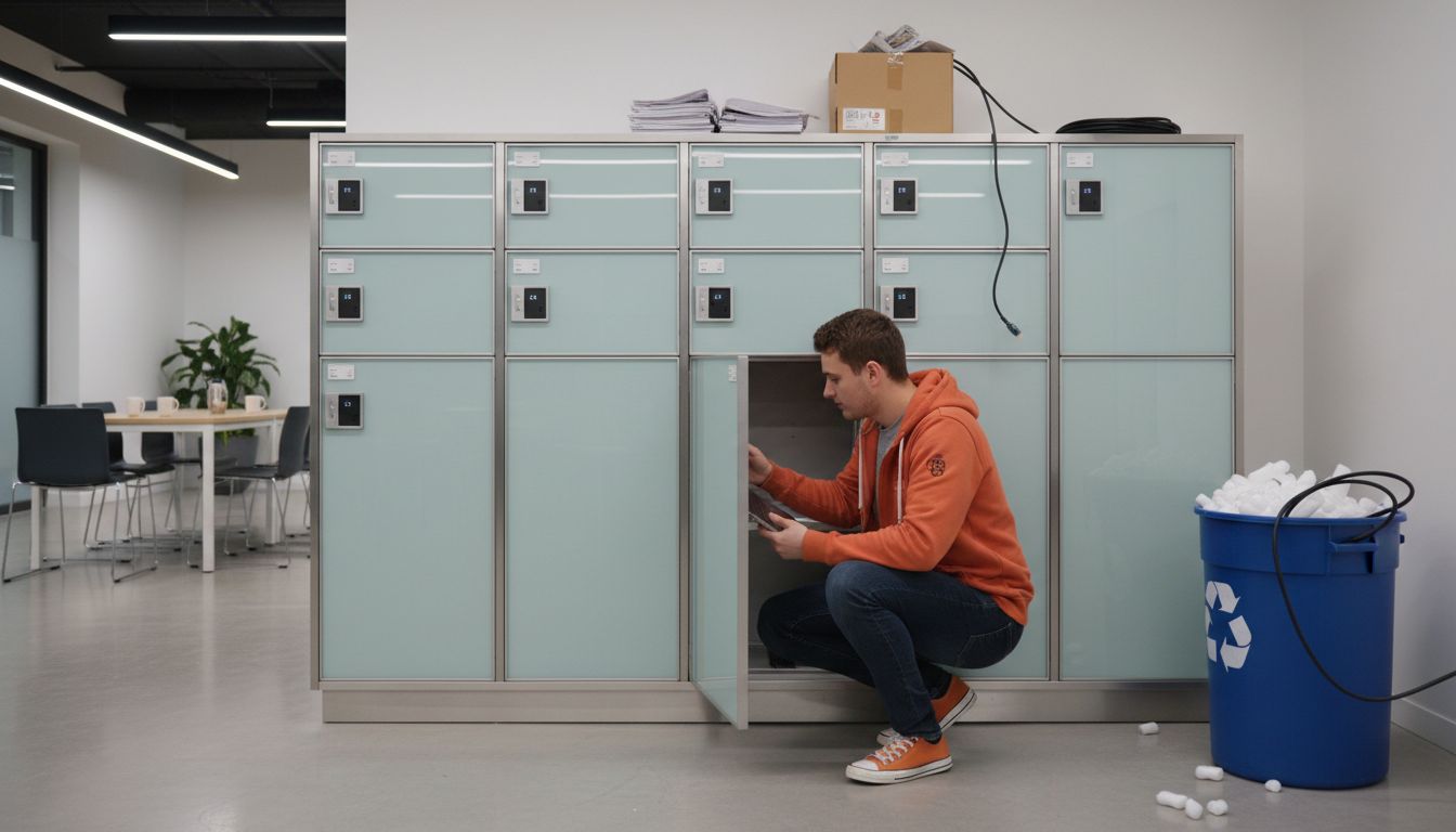 IT technician retrieving hardware from smart locker