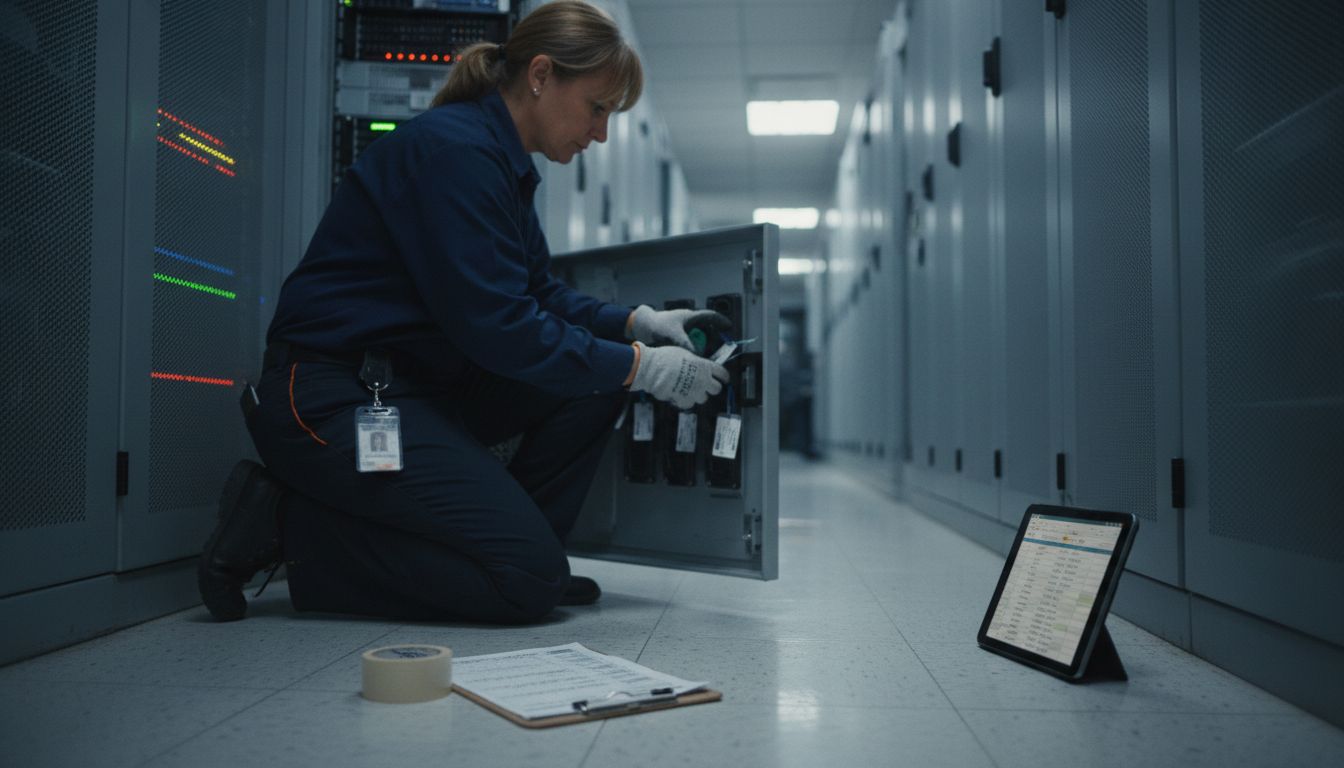 Technician checking asset tags in server room