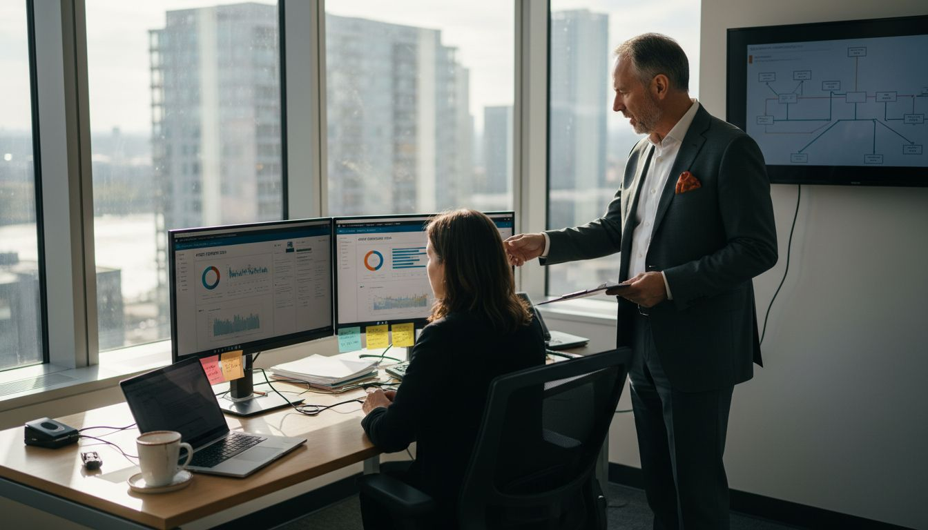 IT manager and colleague reviewing asset dashboard