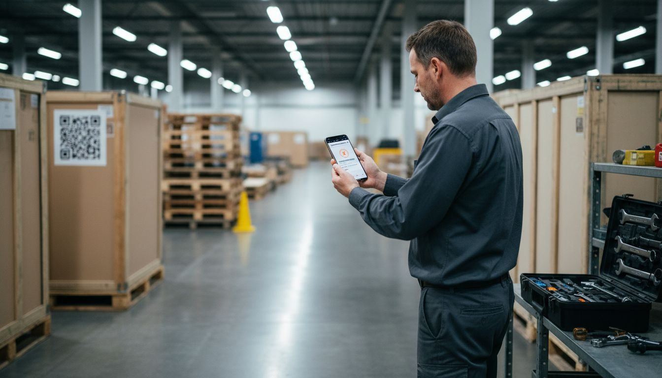 Warehouse worker scans QR code on crate
