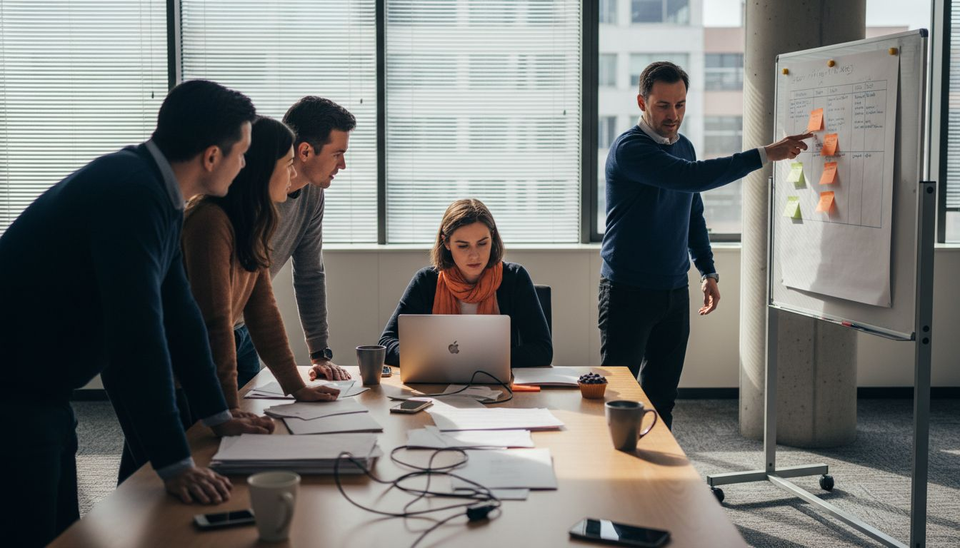 Team discusses workflow chart during meeting