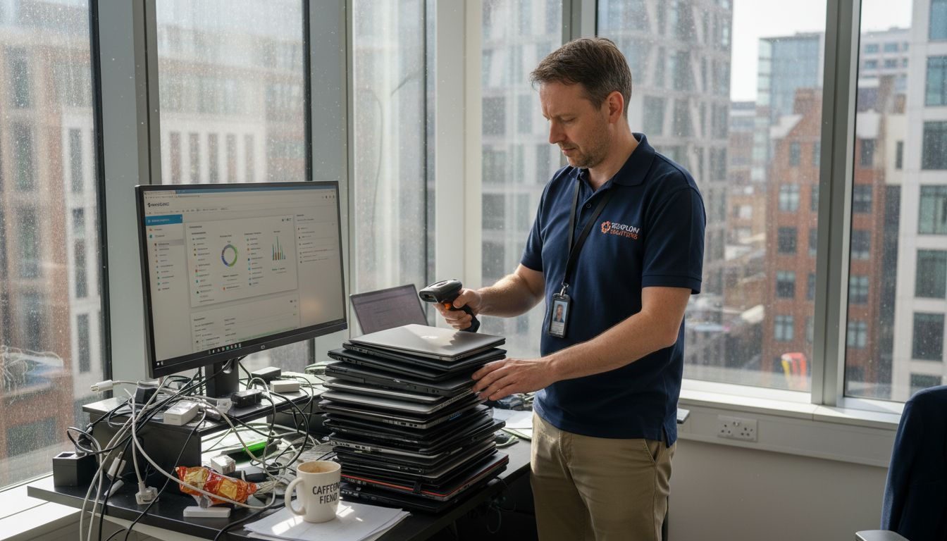 IT manager scanning equipment in cluttered office