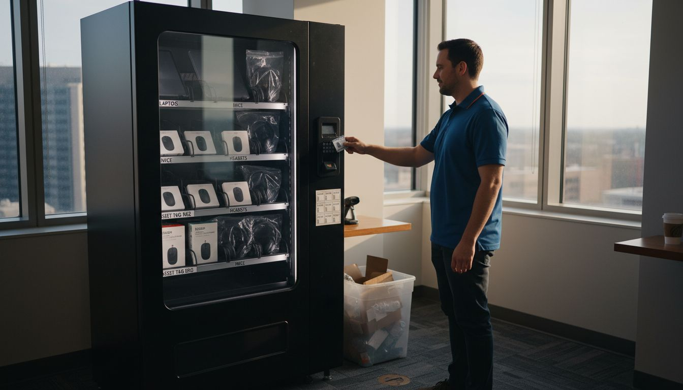 IT staff at hardware vending machine in office