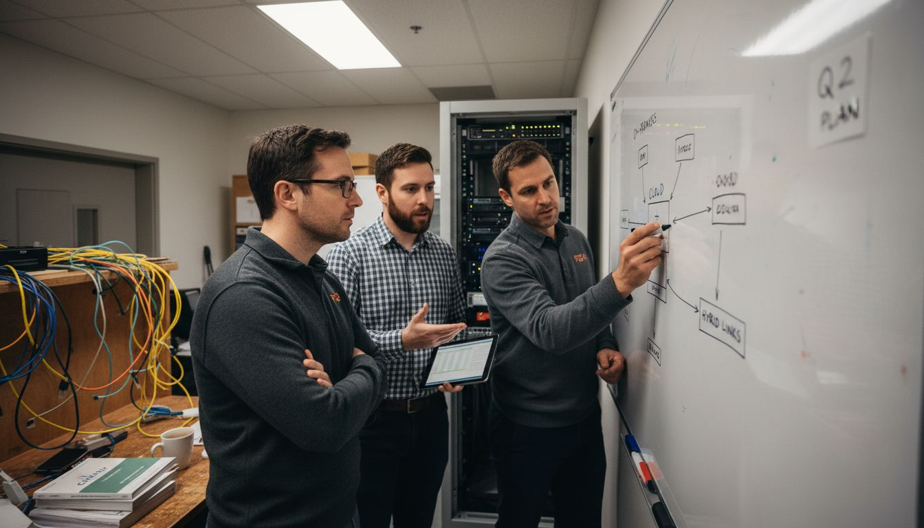 IT team comparing deployment models in server room