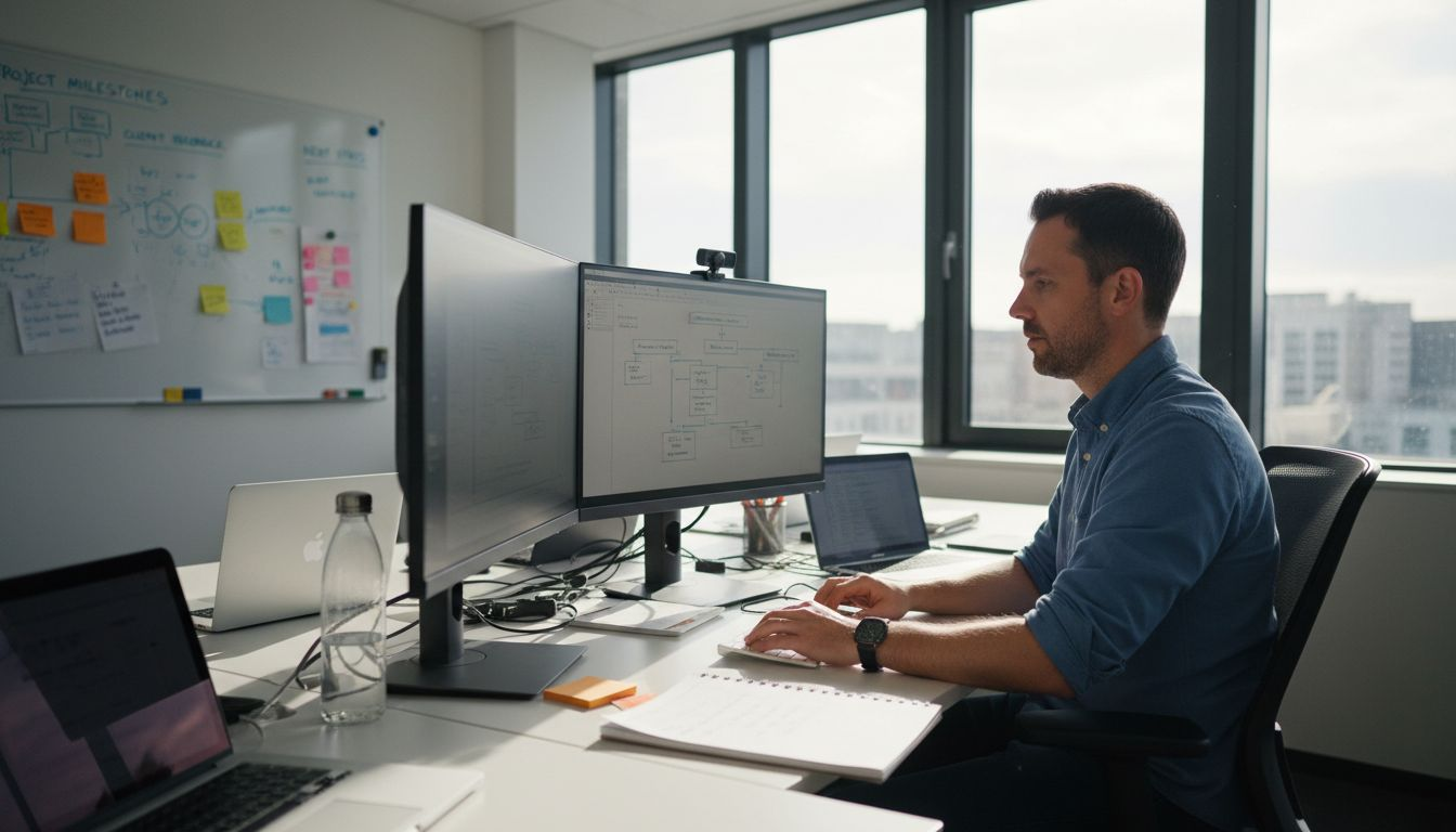 Professional and ServiceNow workflow on cluttered office desk