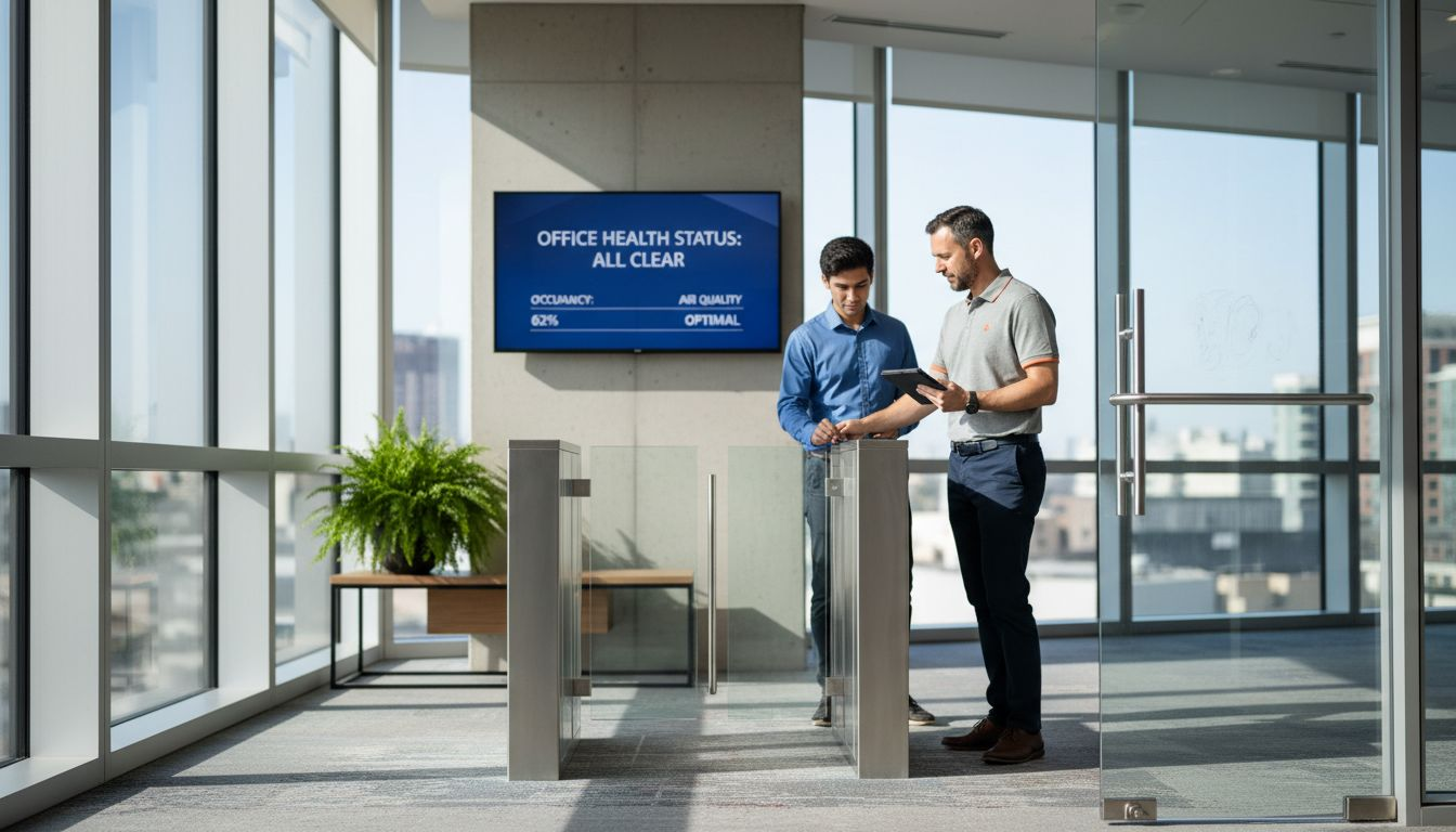 IT manager observing coworker use touchless entry system