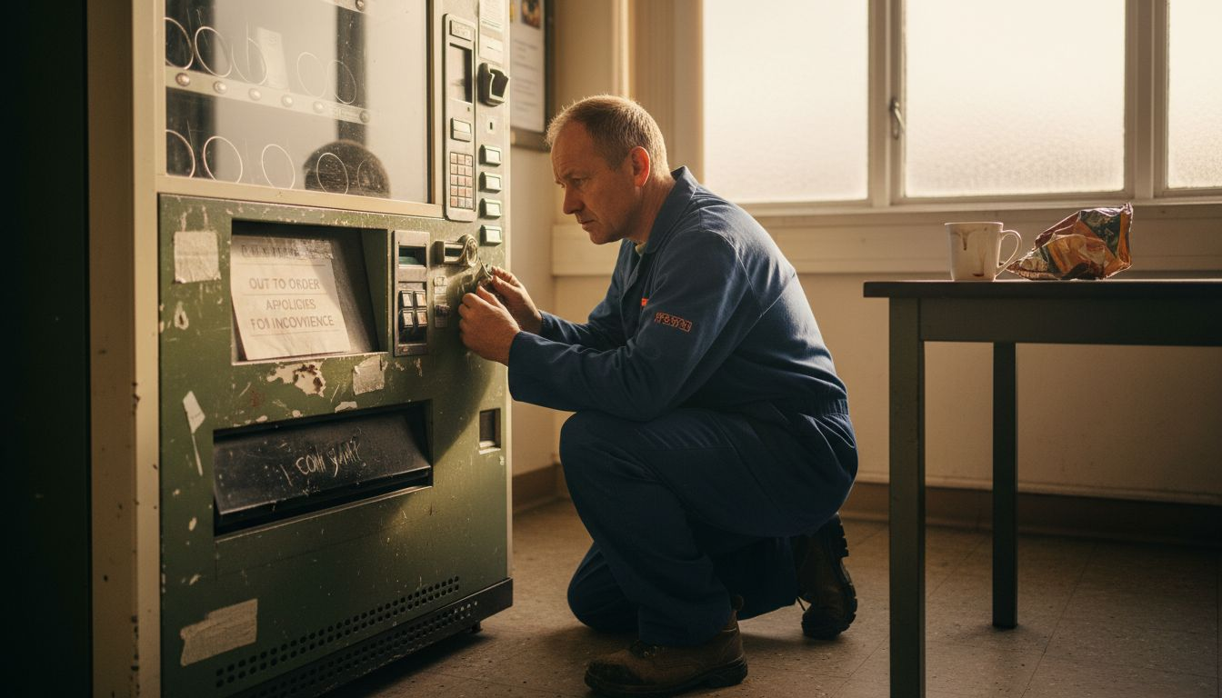 Worker inspecting traditional vending machine