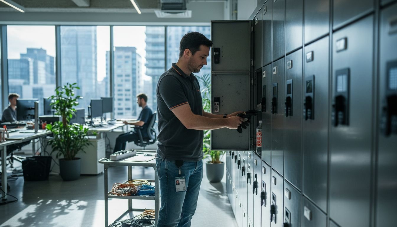 IT manager opens smart lockers in busy office