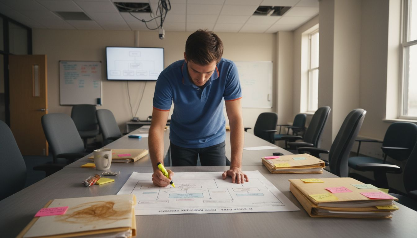 Technician reviewing disposal workflow chart