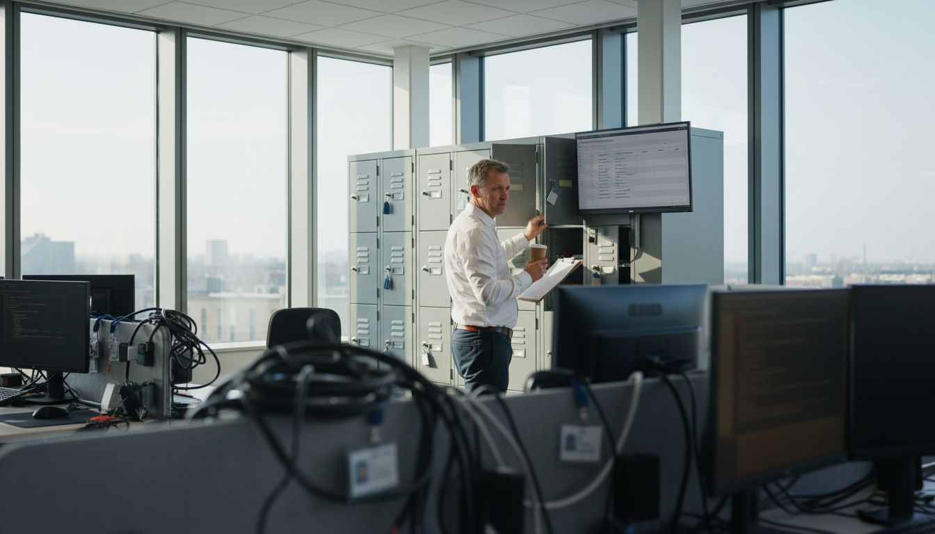 IT manager using security lockers in office