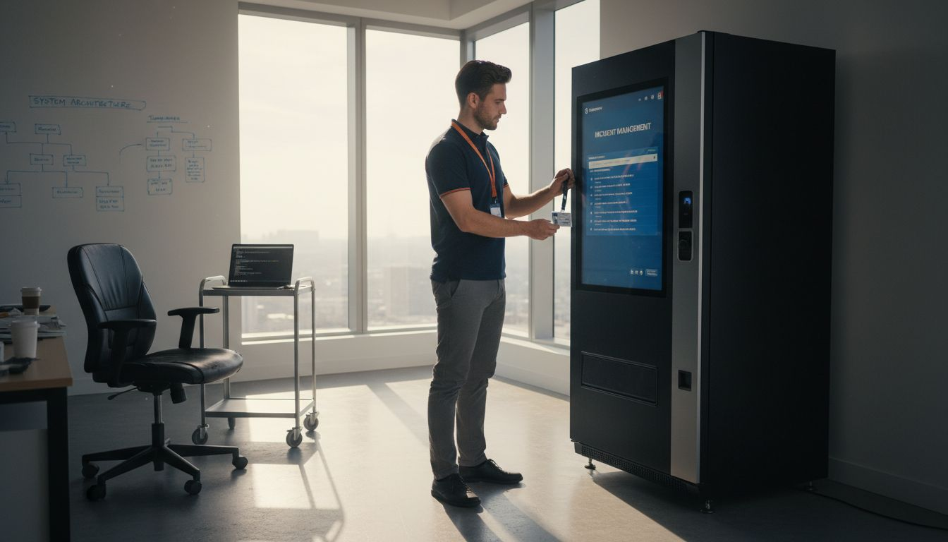 IT technician accesses office vending machine