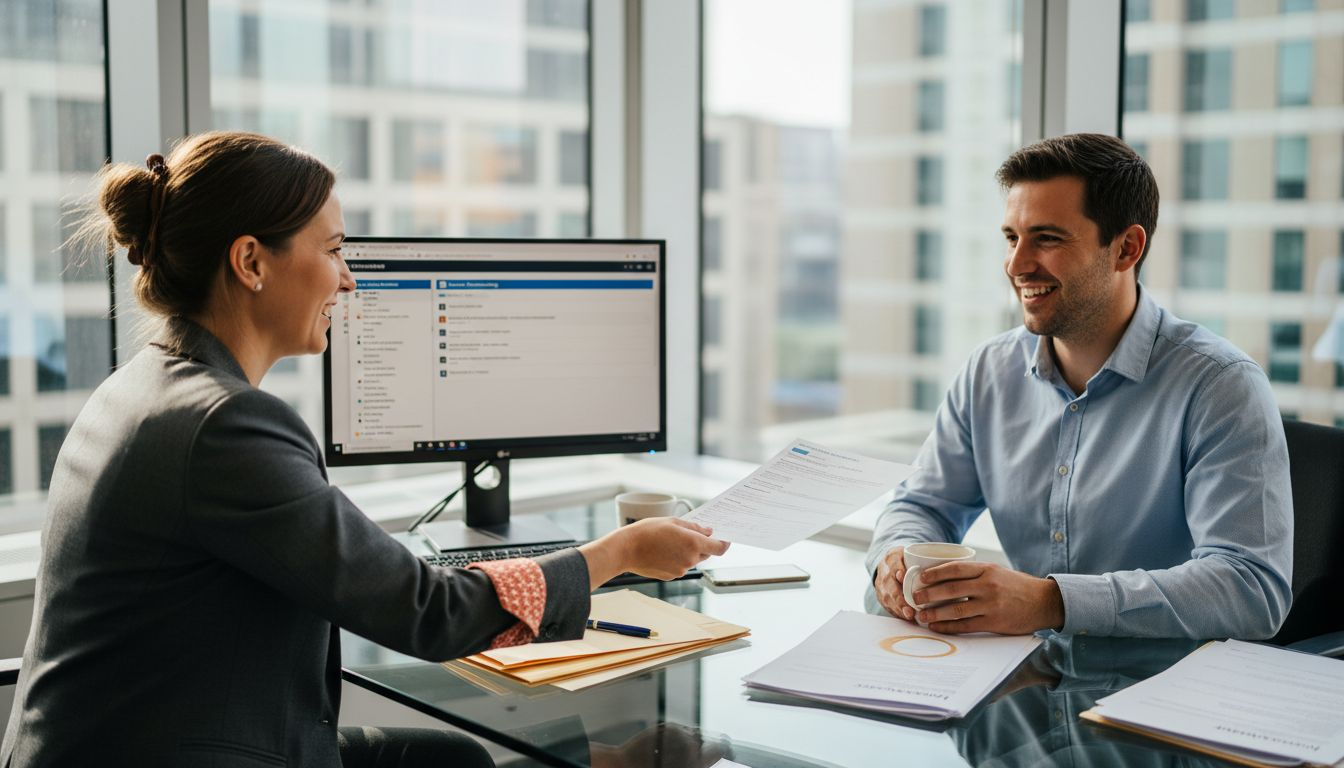 HR manager greets new employee onboarding office