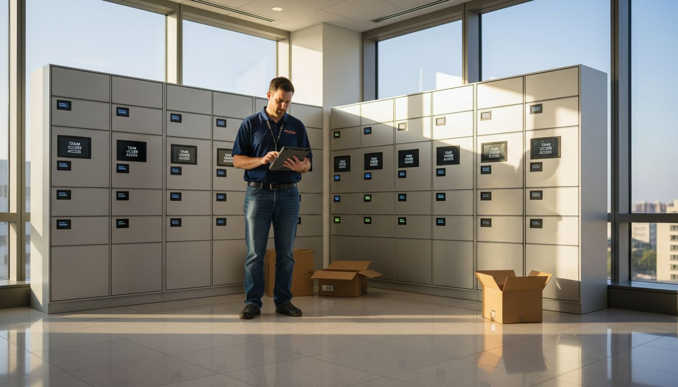 IT technician checking smart locker wall