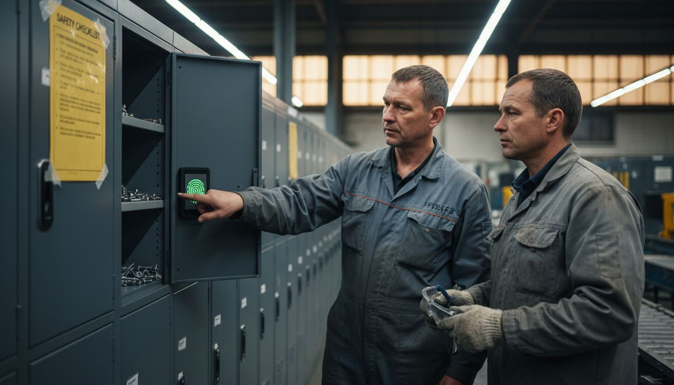 Workers using biometric smart PPE lockers