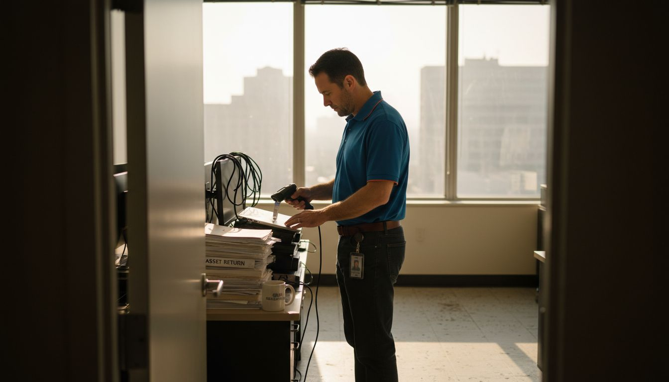 IT manager scans returned laptop in corner office