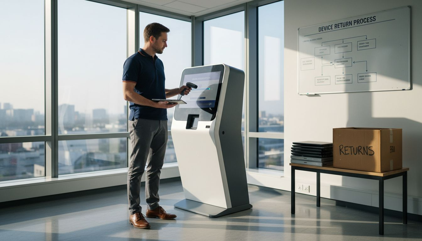 IT manager scanning device at office return kiosk