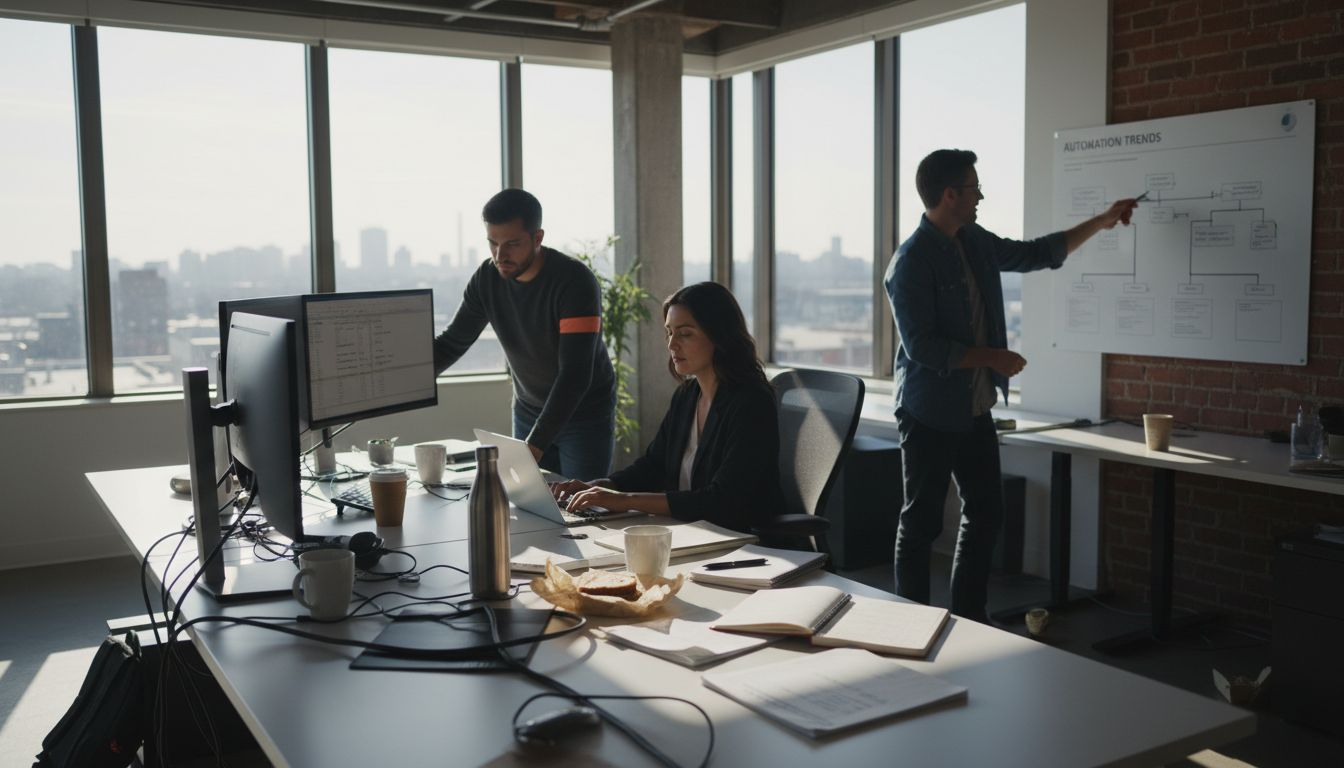 IT professionals collaborating with automation dashboards