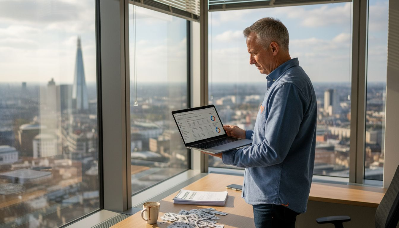 IT manager reviewing asset data in corner office
