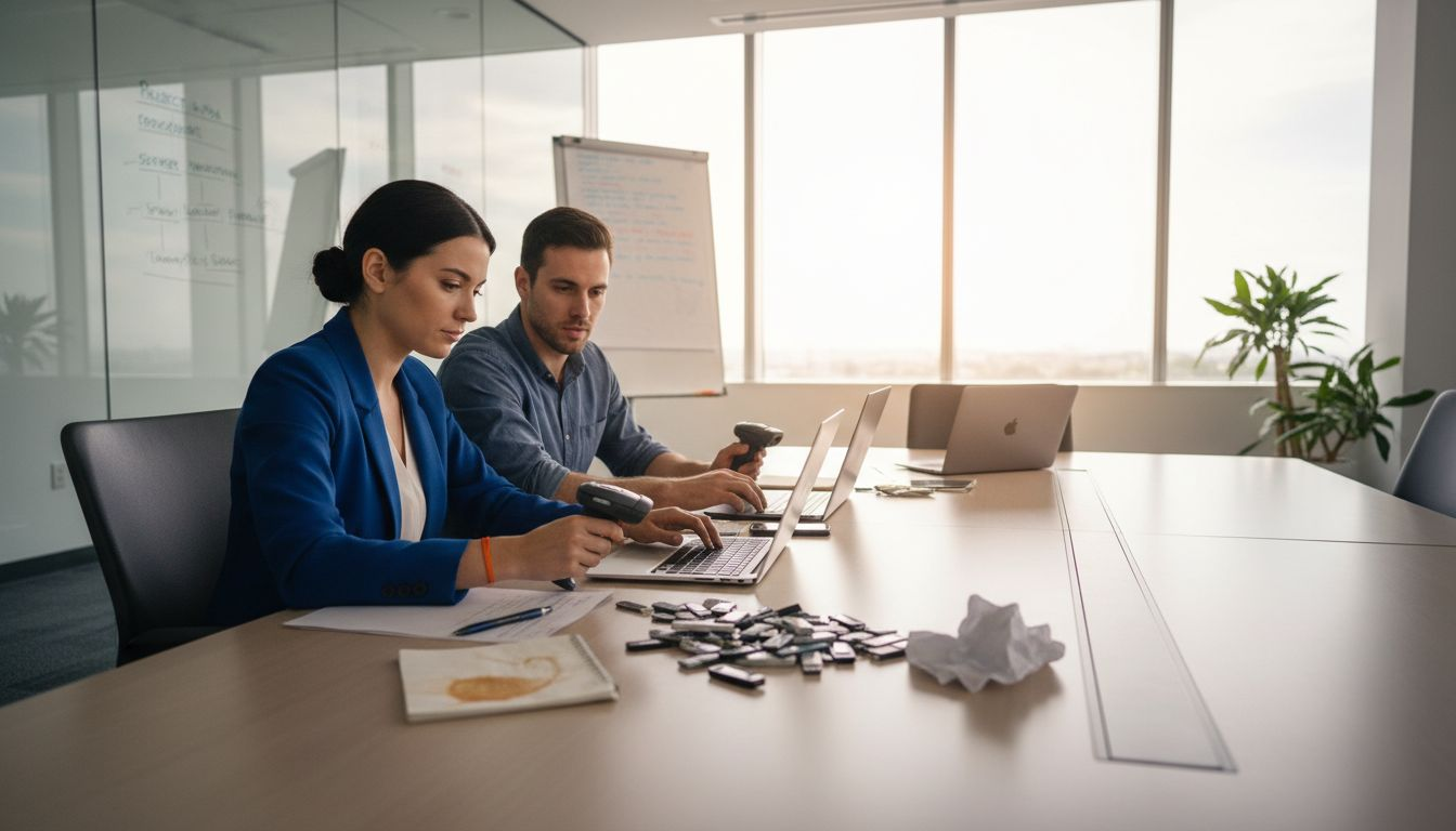 Staff cross-checking IT assets in meeting room