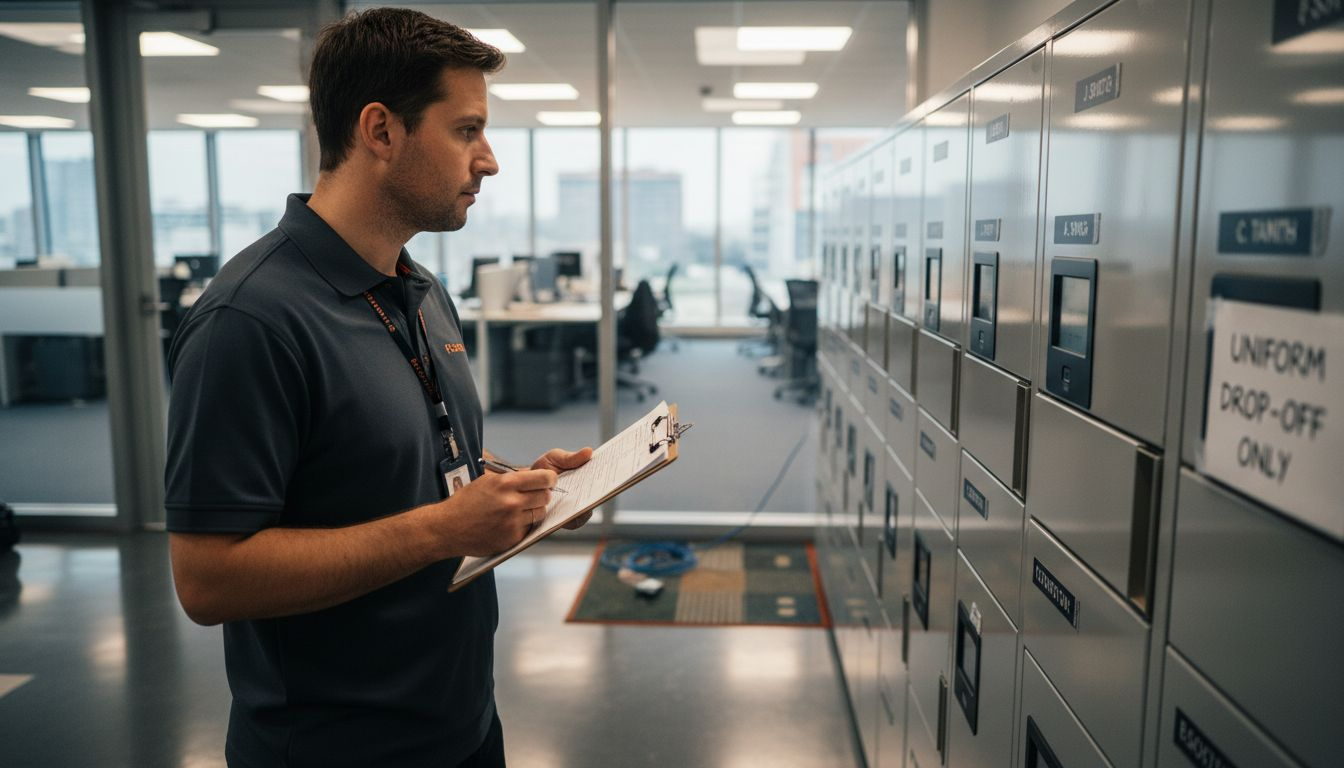 Manager evaluating laundry lockers in IT office