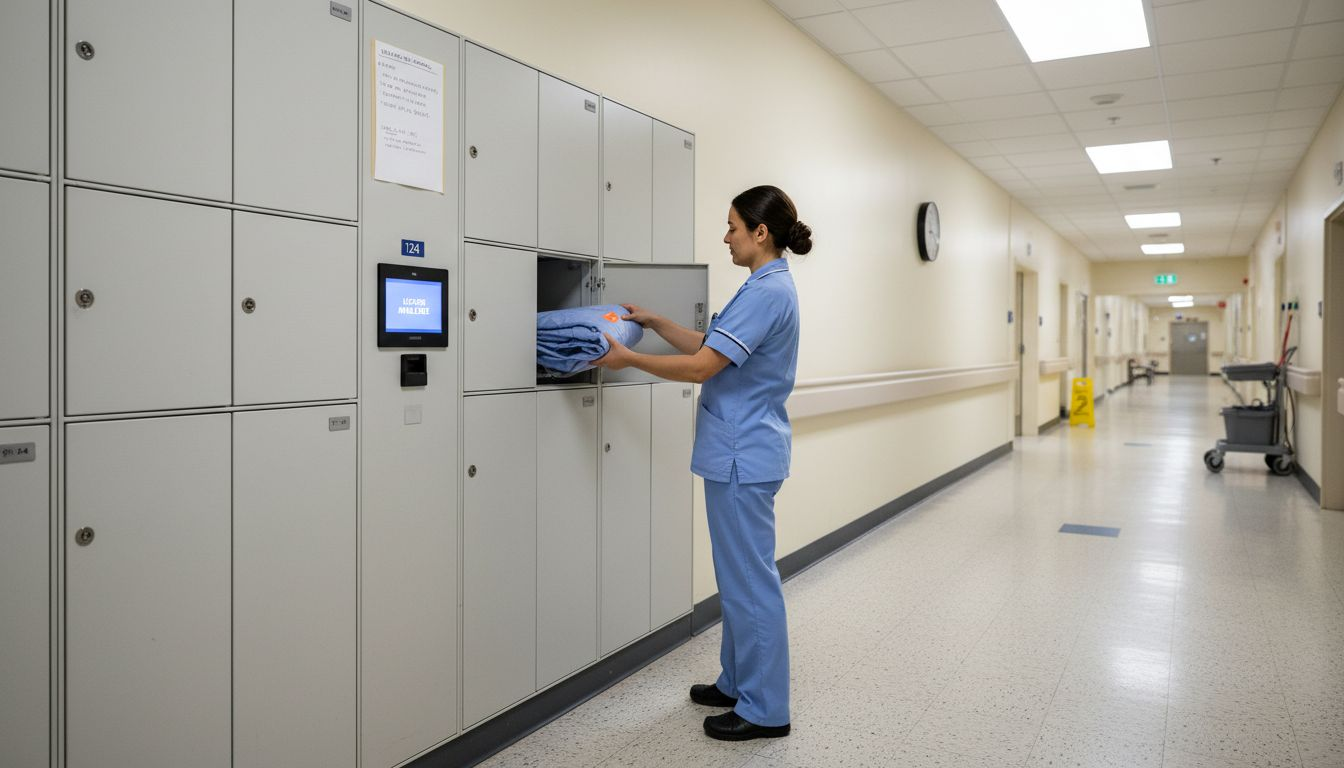 Nurse using smart locker in hospital corridor