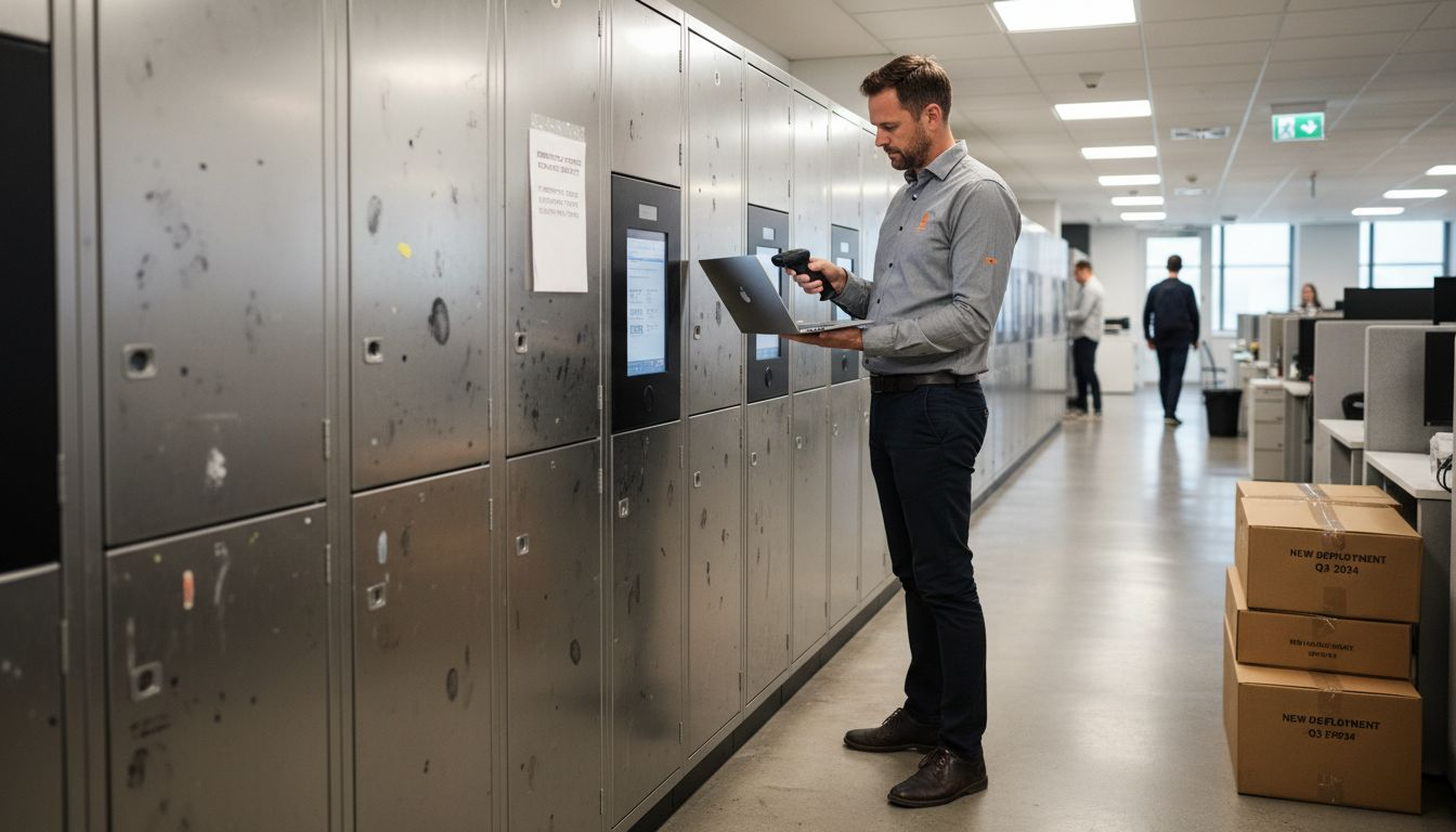 IT manager with smart lockers in office