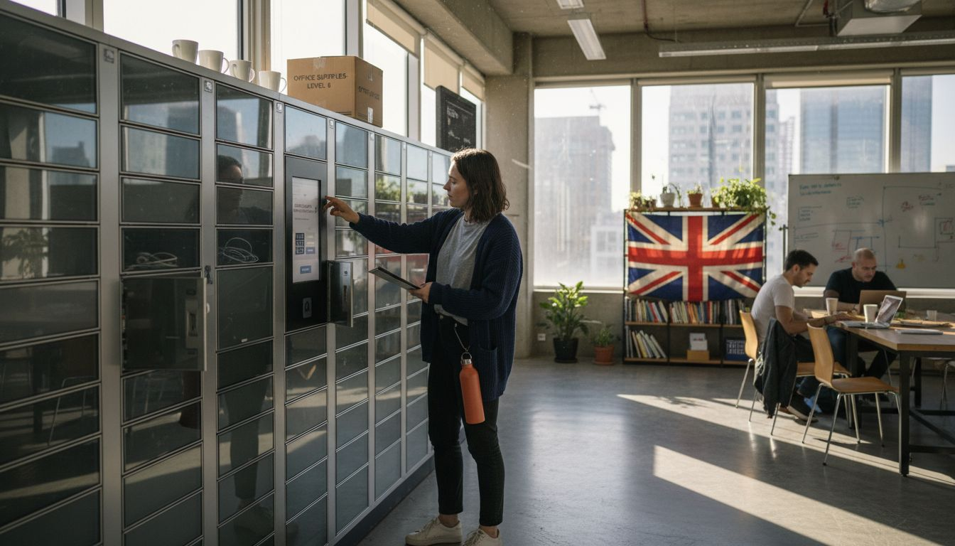 Employee using smart locker wall hybrid office