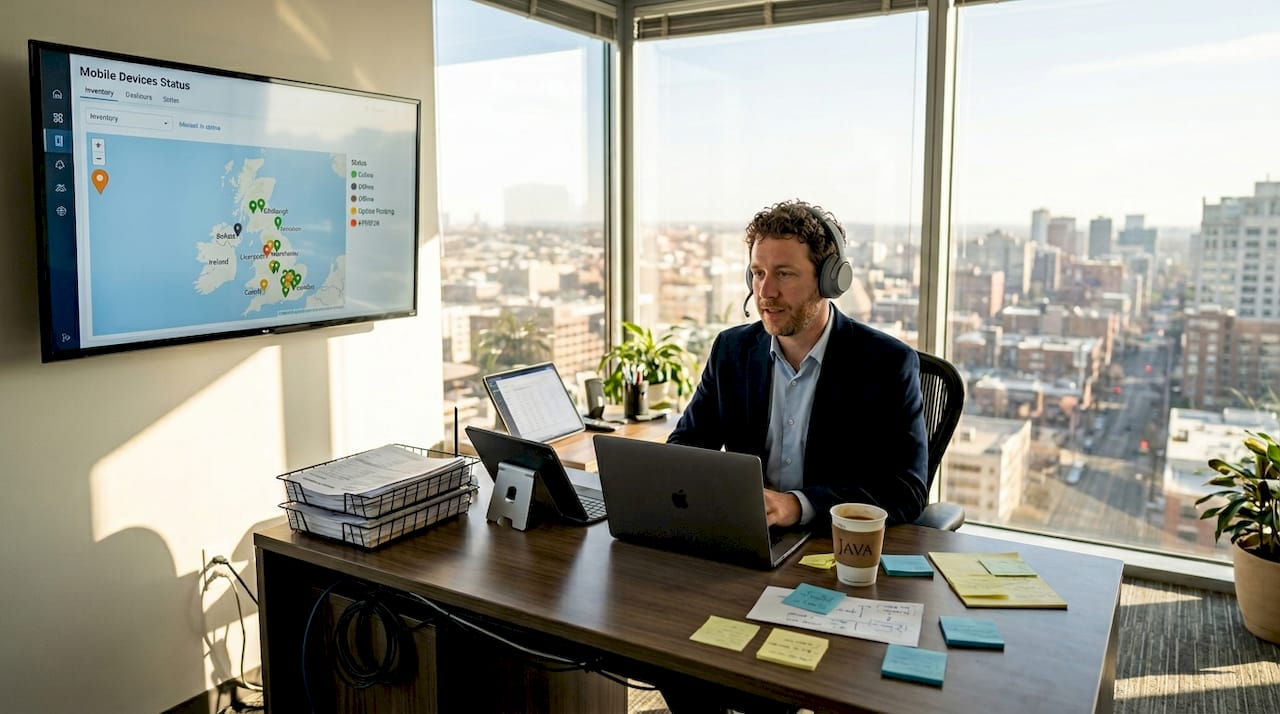 IT manager troubleshooting mobile devices in office