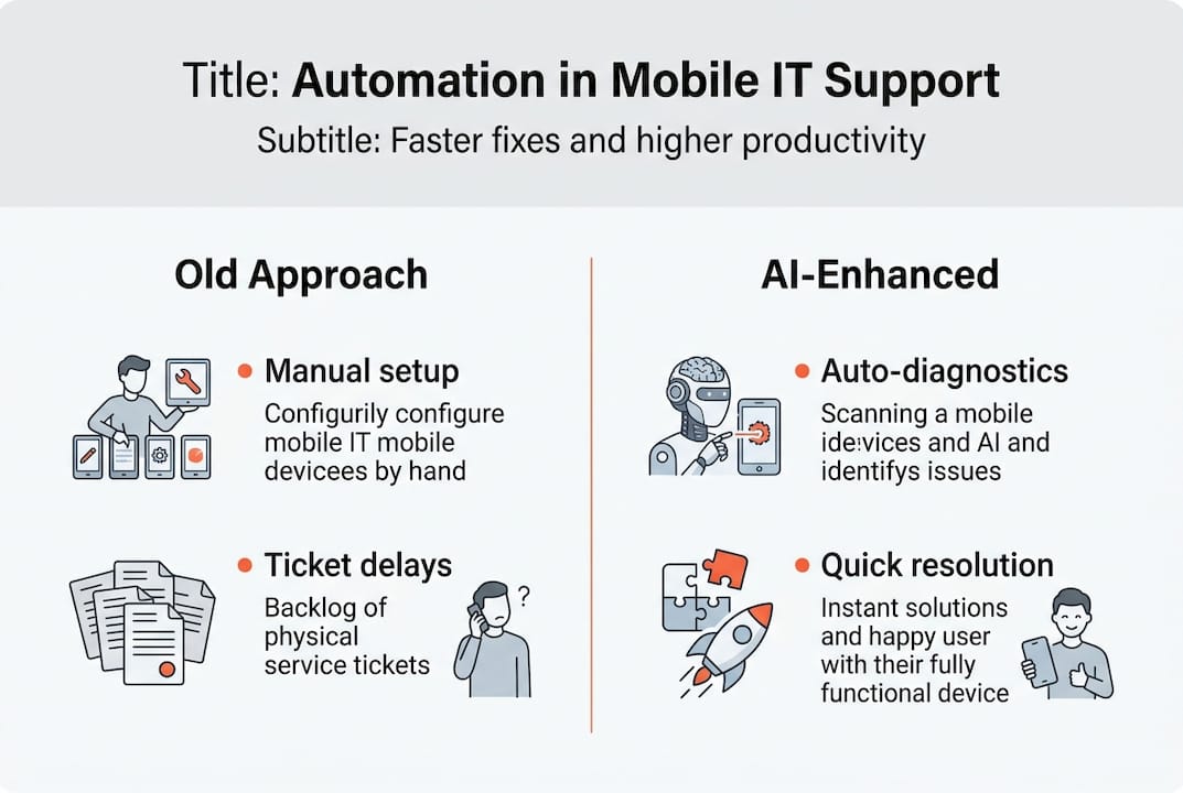 Infographic contrasting manual and AI-enhanced IT support