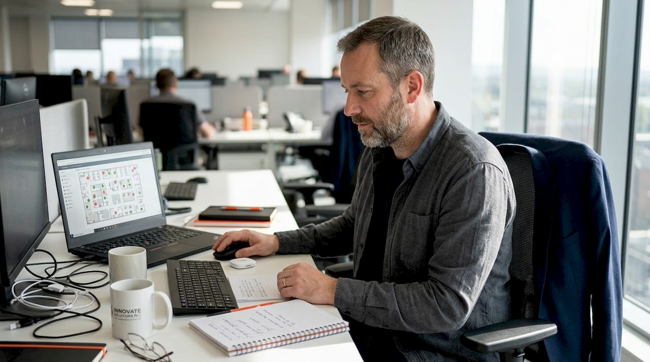 IT director tracking assets at desk