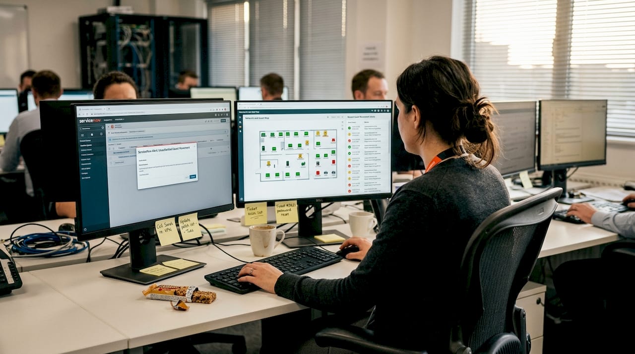 IT analyst reviews real-time device tracking dashboard