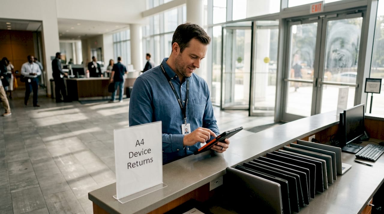 Businessman checking device at lobby return desk