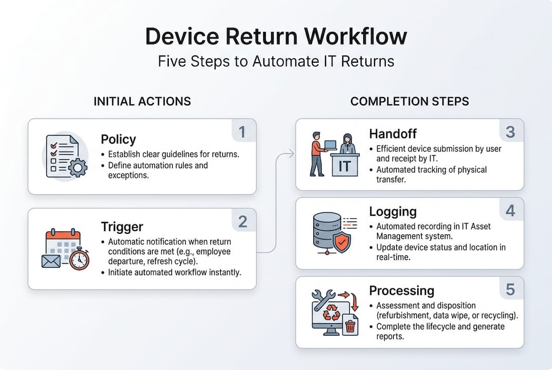 Infographic outlining automated device return steps