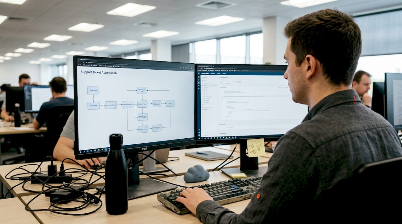 IT manager automating workflow at desk
