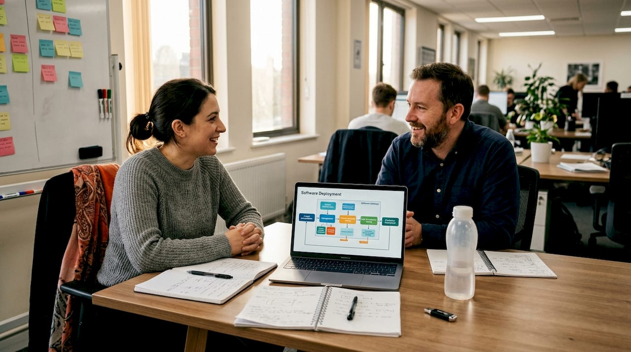 IT professionals discussing workflow diagram