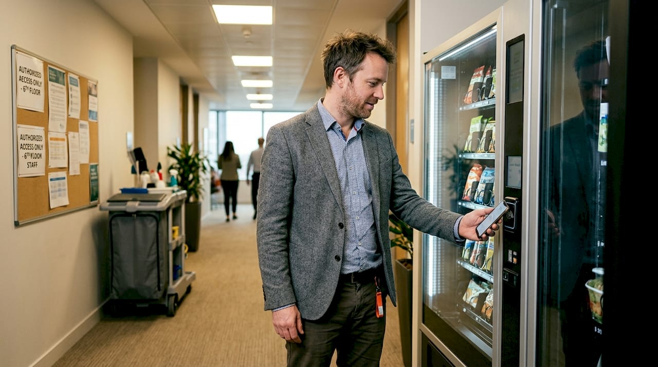 IT manager authenticates at smart vending machine