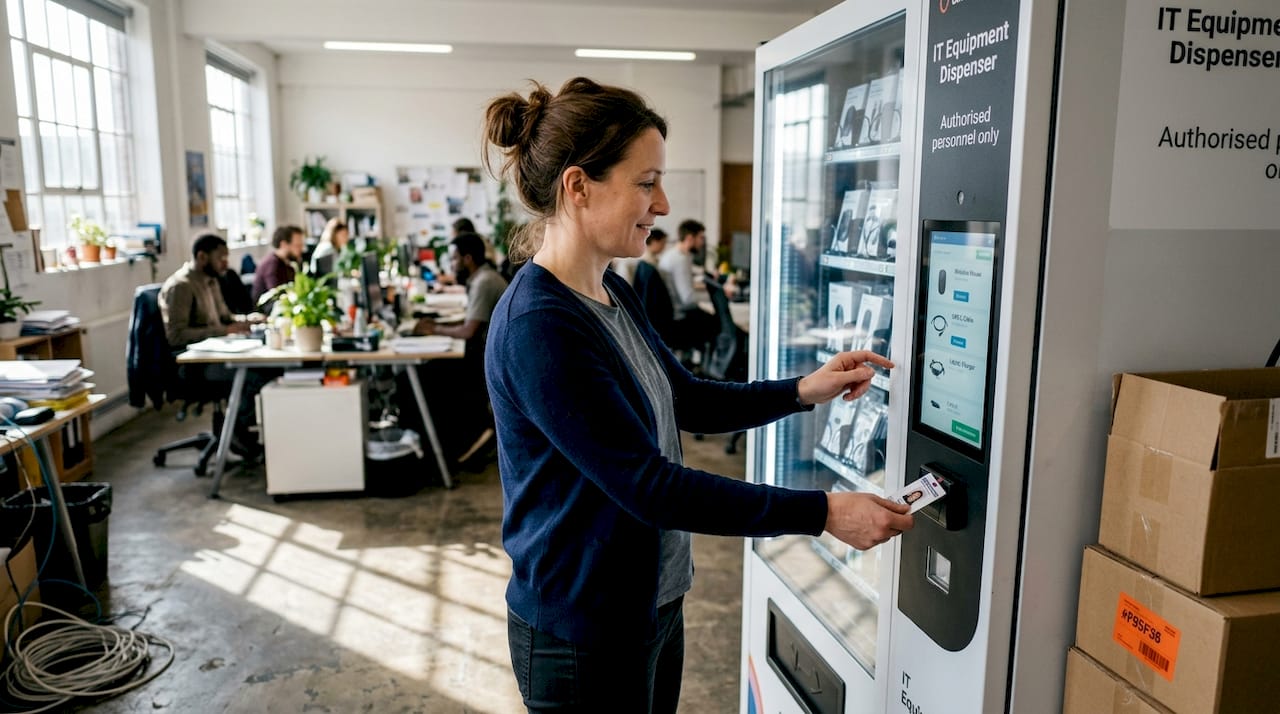 Woman authenticates to vending in open office
