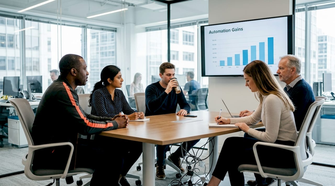 IT team discusses automation ROI in meeting