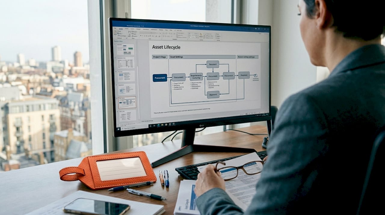 IT manager reviews asset workflow on office desktop