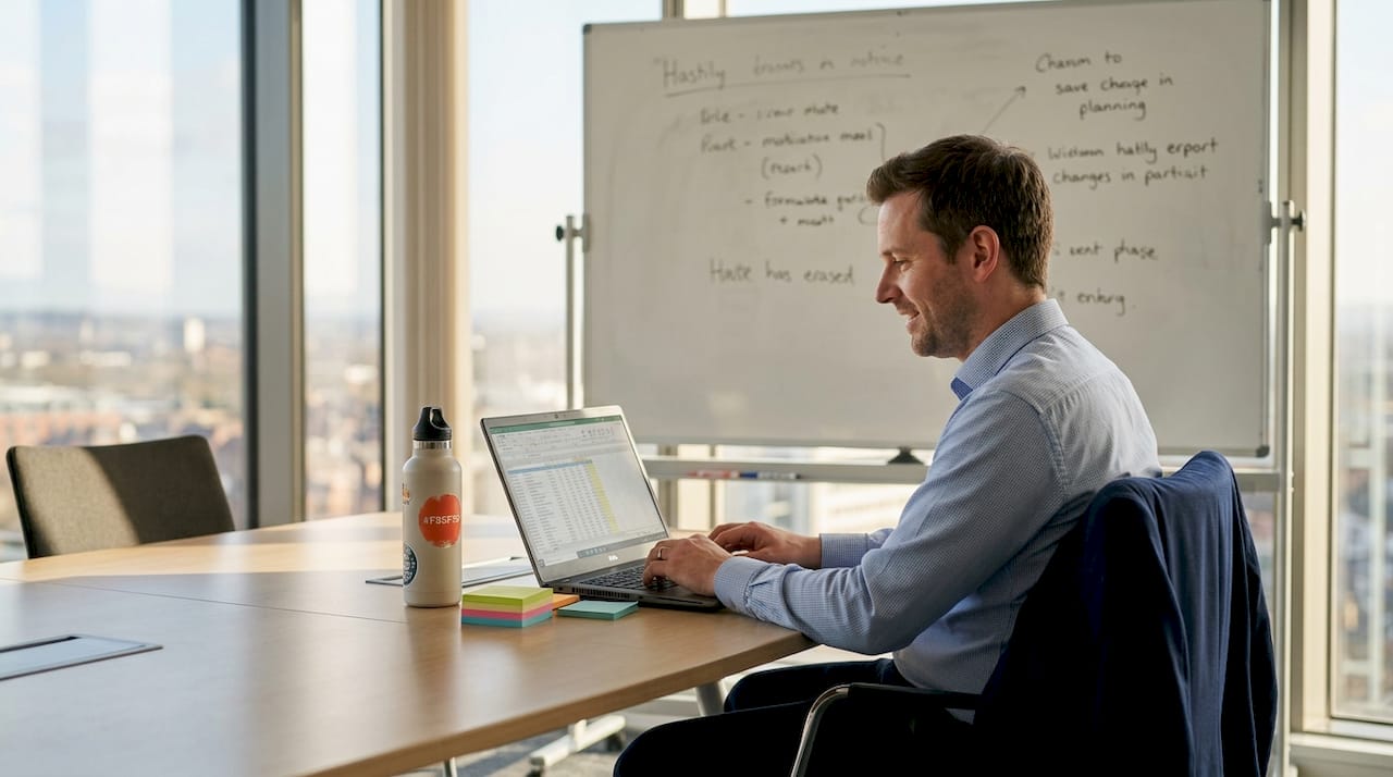 IT manager reviewing asset spreadsheet in office
