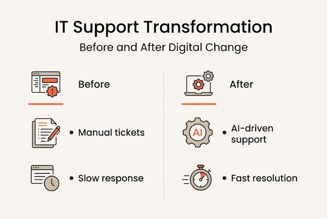 Infographic showing IT support change before after