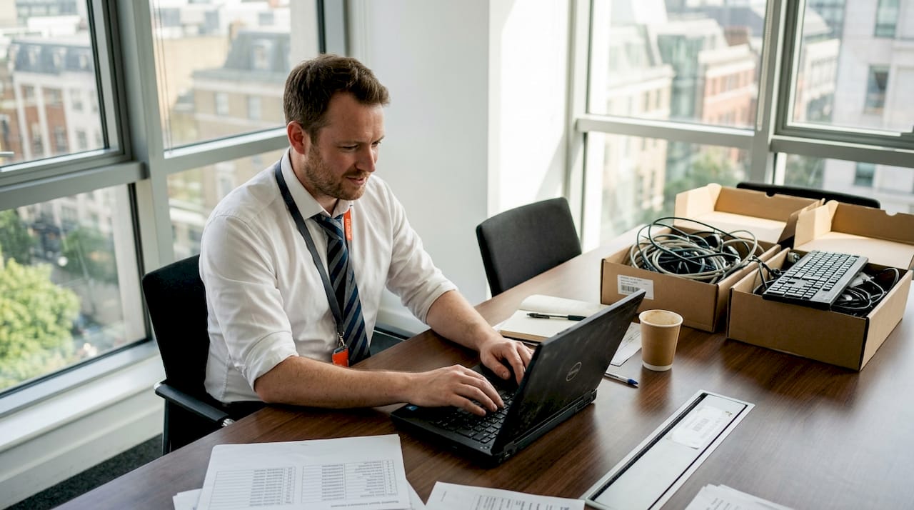 IT manager updating equipment records at desk