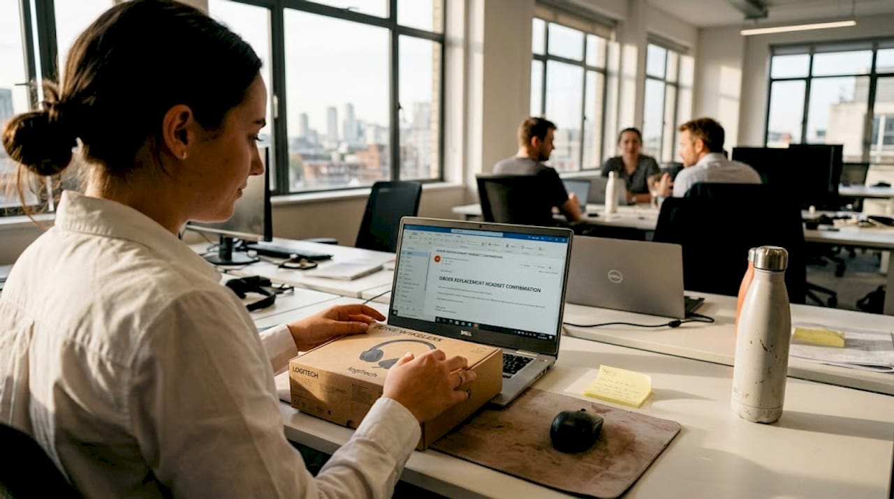 Employee unpacking replacement device at desk