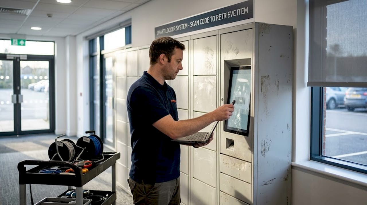 IT specialist replaces laptop at smart locker