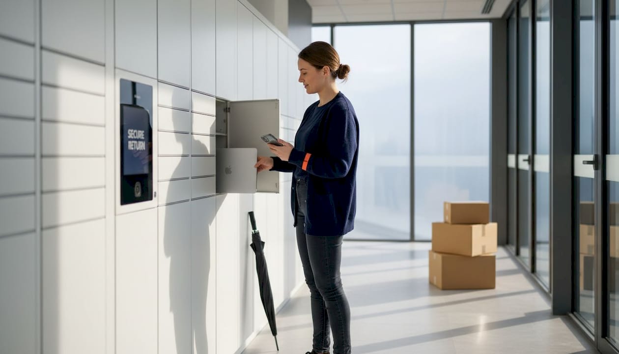 Employee placing laptop in smart locker