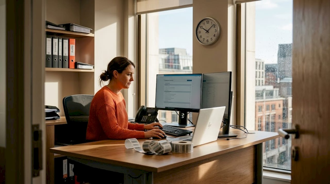 IT manager reviewing compliance data in corner office